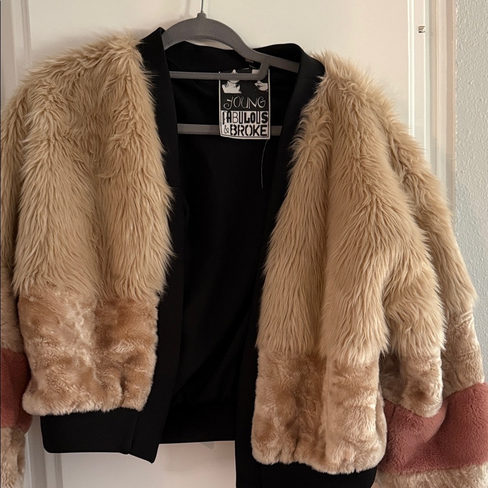 Young Fabulous & Broke Beige and Blush Faux Fur Jacket